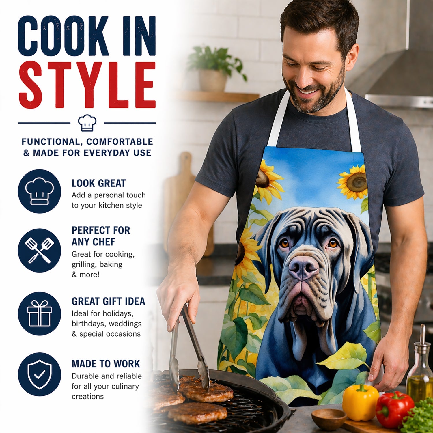 Neapolitan Mastiff in Sunflowers Apron Cooking Kitchen Server Baking Crafts Gardening for Adult Women Men, Unisex, Large, Multicolor