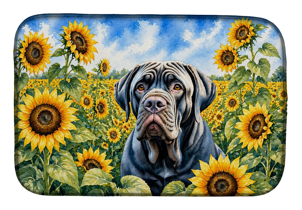 Neapolitan Mastiff in Sunflowers Dish Drying Mat Absorbent Dish Drying Mat Pad for Kitchen Counter Dish Drainer Mat for Countertop, 14 x 21", Multicolor