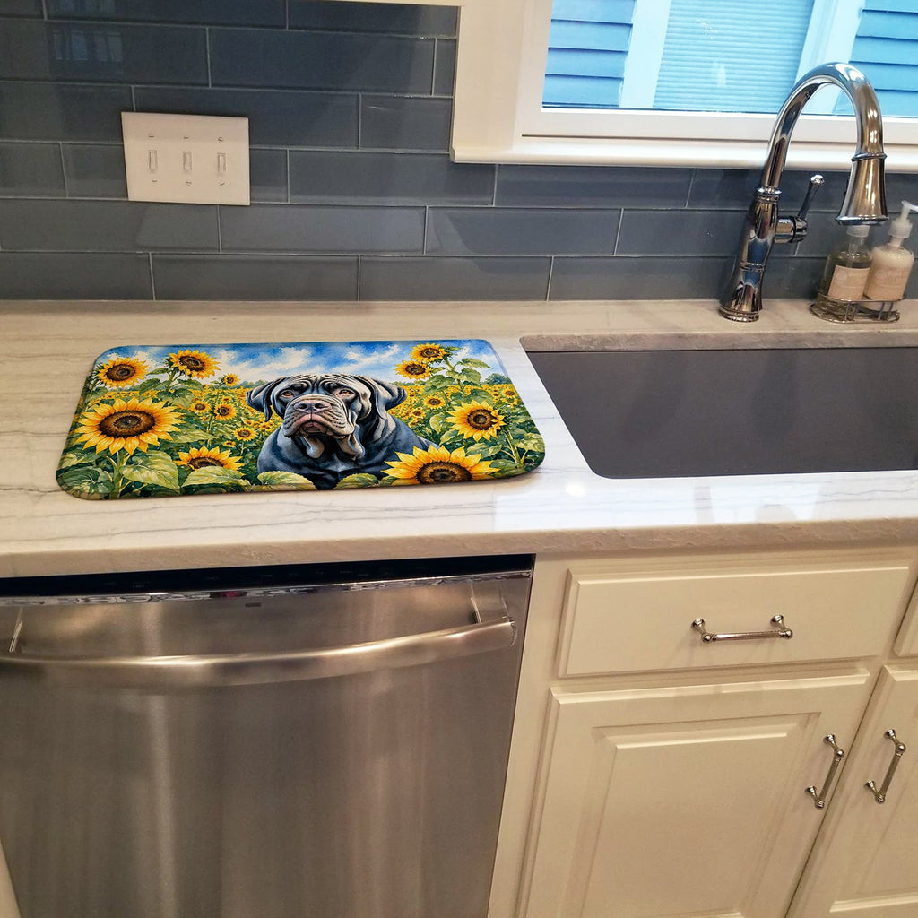 Neapolitan Mastiff in Sunflowers Dish Drying Mat Absorbent Dish Drying Mat Pad for Kitchen Counter Dish Drainer Mat for Countertop, 14 x 21", Multicolor