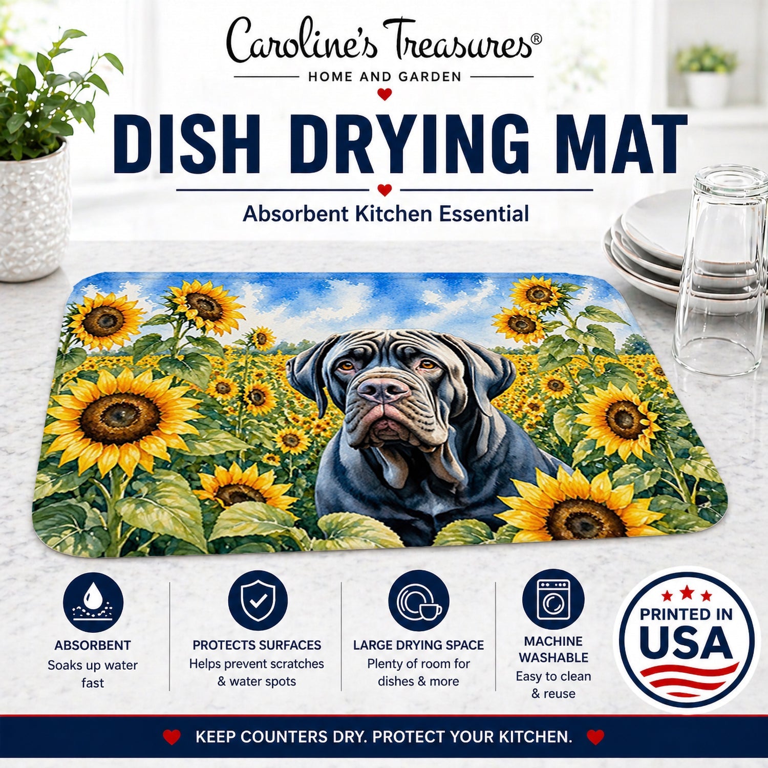 Neapolitan Mastiff in Sunflowers Dish Drying Mat Absorbent Dish Drying Mat Pad for Kitchen Counter Dish Drainer Mat for Countertop, 14 x 21", Multicolor