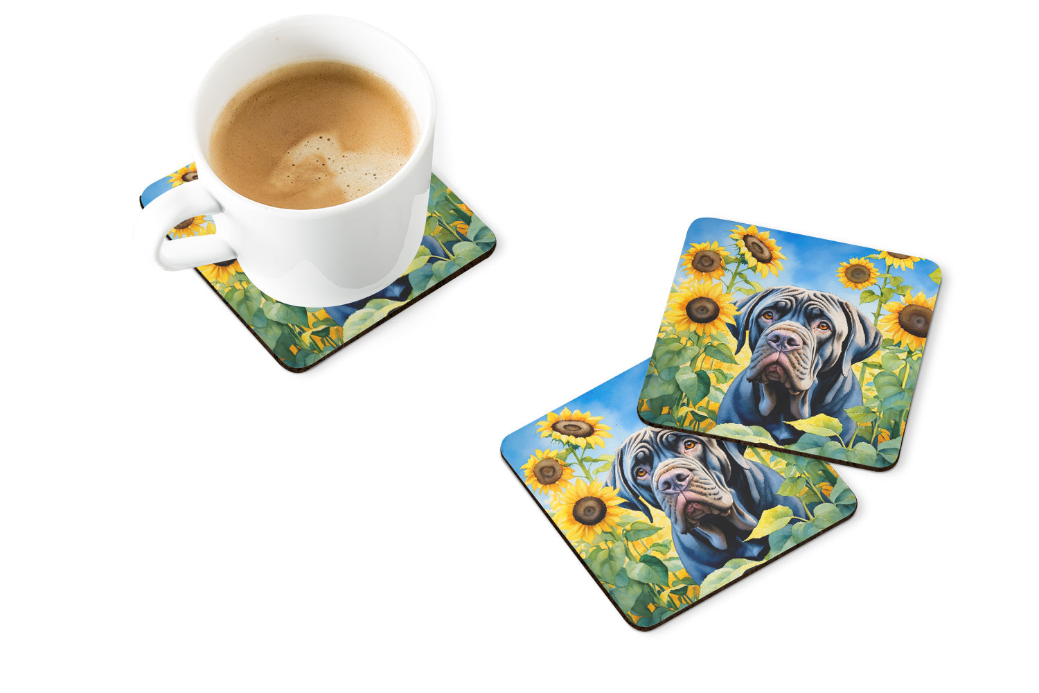 Neapolitan Mastiff in Sunflowers Foam Coasters Set of 4 Cup Coasters for Indoor Outdoor, Tabletop Protection, Anti Slip, Mouse pad Material