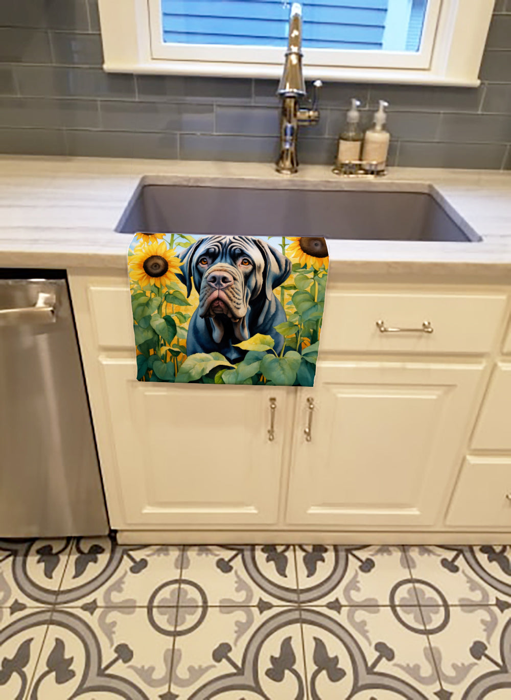 Neapolitan Mastiff in Sunflowers Kitchen Towel Velour Plush Front and Cotton Loop Back Machine Washable