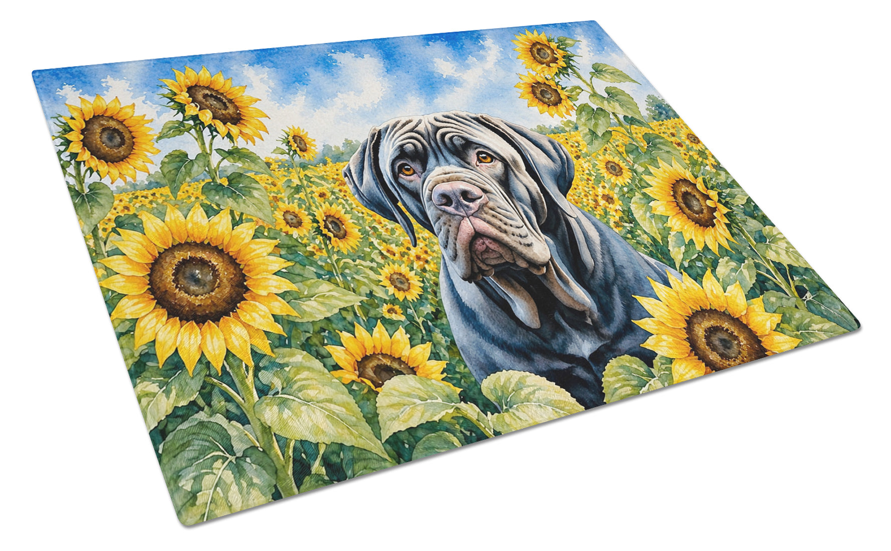 Neapolitan Mastiff in Sunflowers Cutting Board Tempered Glass Kitchen Cutting Surface, Heat Resistant Chopping Board with Non-Slip Feet, Decorative Food Prep & Serving