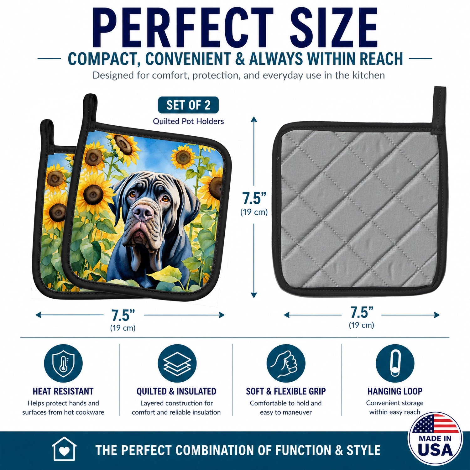 Neapolitan Mastiff in Sunflowers Pot Holder Set of 2 Heat Resistant Quilted Hot Pads 7.5 x 7.5 Inch, Insulated Kitchen Trivets for Cooking & Baking