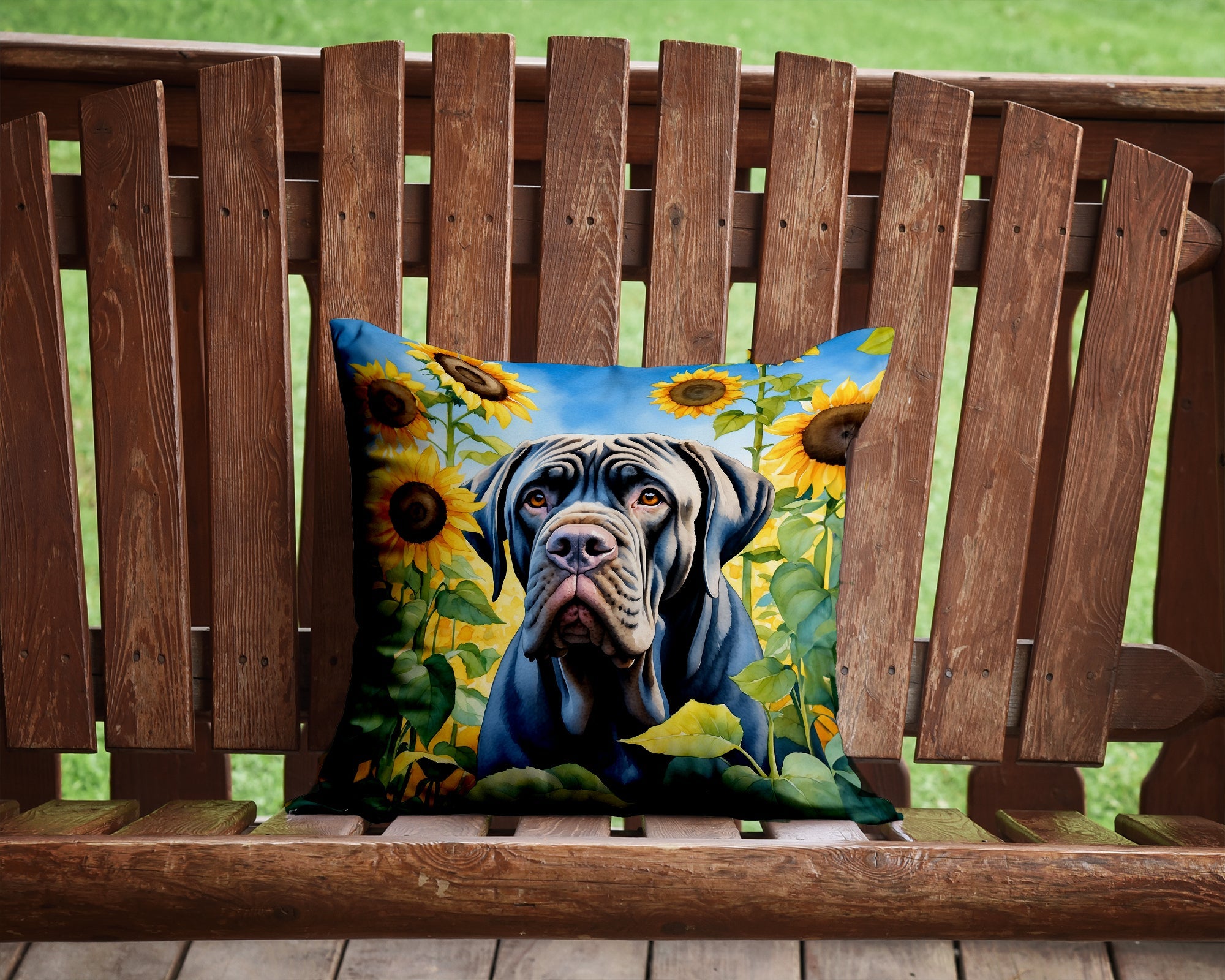 Neapolitan Mastiff in Sunflowers Decorative Throw Pillow 14x14 Indoor Outdoor Accent Cushion, Fabric Cover with Insert for Sofa, Bed, Porch & Living Room
