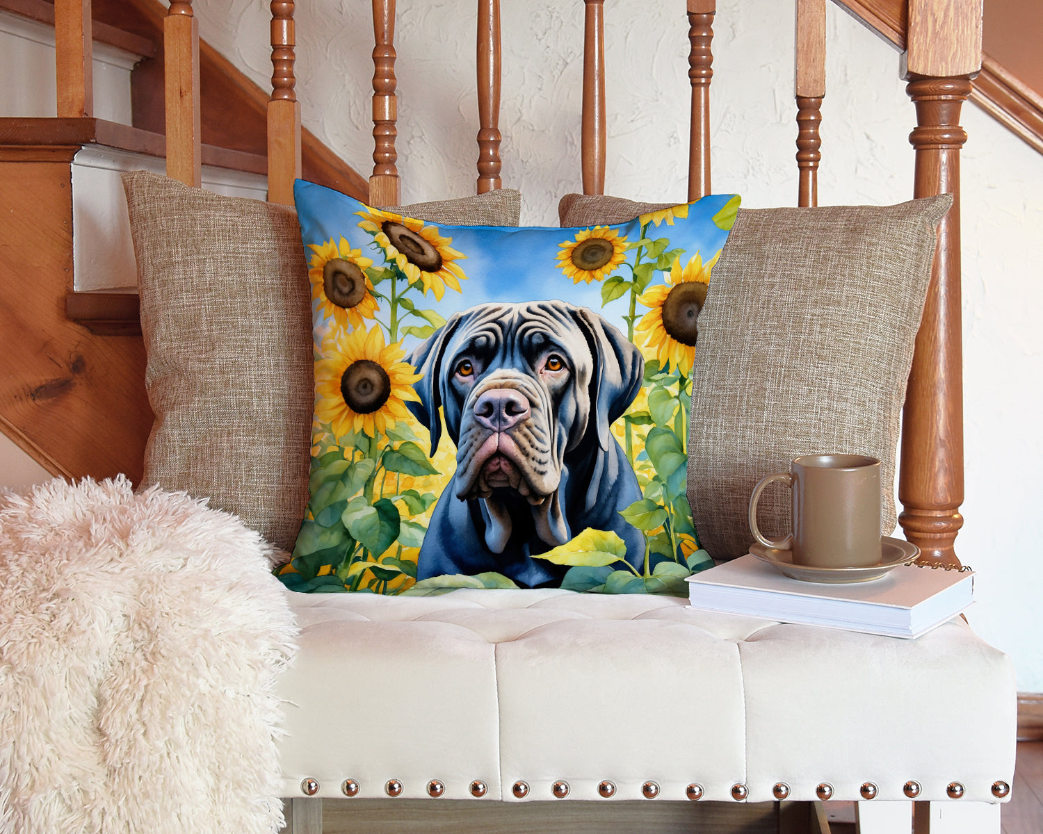 Neapolitan Mastiff in Sunflowers Decorative Throw Pillow 14x14 Indoor Outdoor Accent Cushion, Fabric Cover with Insert for Sofa, Bed, Porch & Living Room