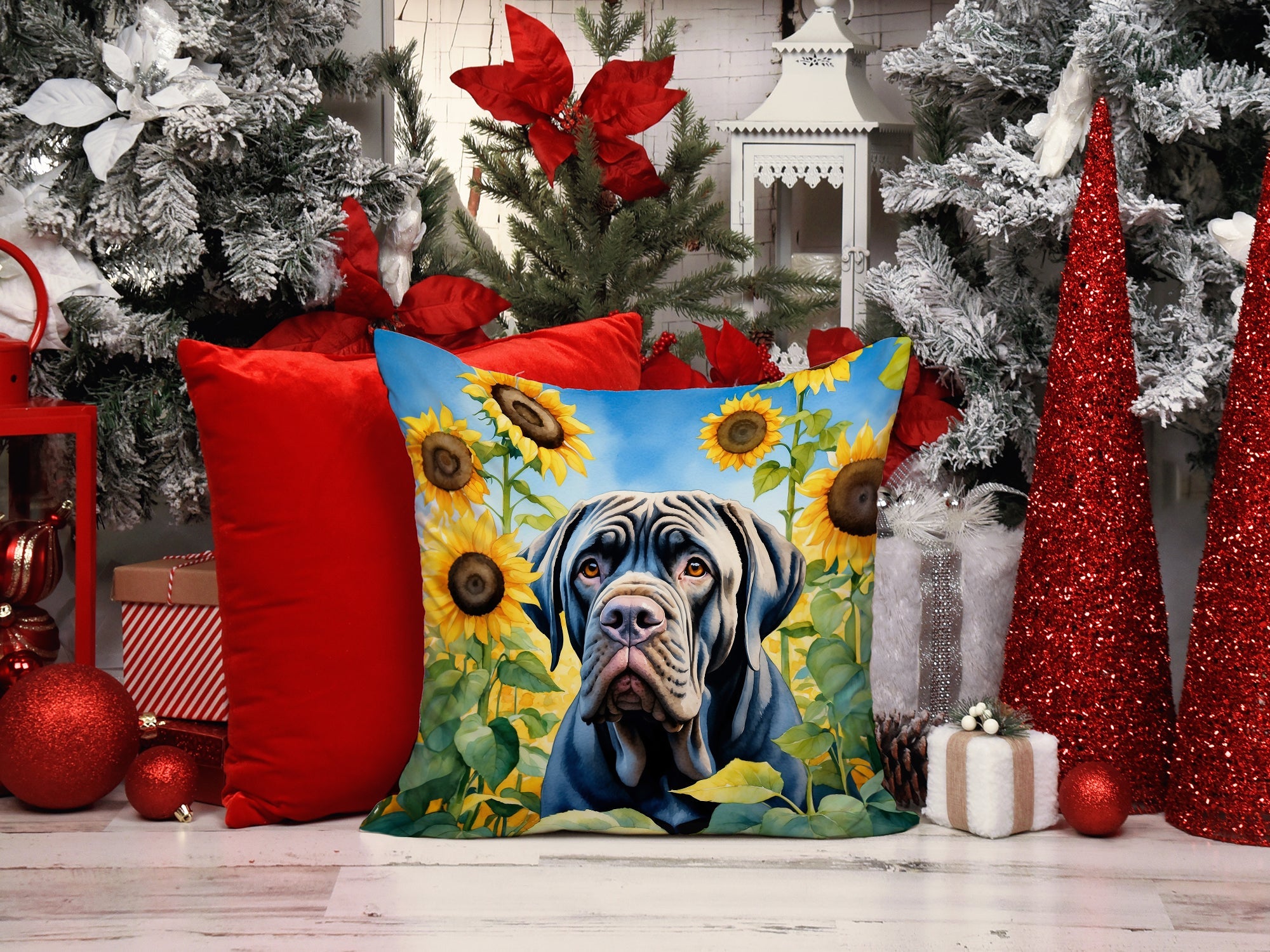 Neapolitan Mastiff in Sunflowers Decorative Throw Pillow 14x14 Indoor Outdoor Accent Cushion, Fabric Cover with Insert for Sofa, Bed, Porch & Living Room
