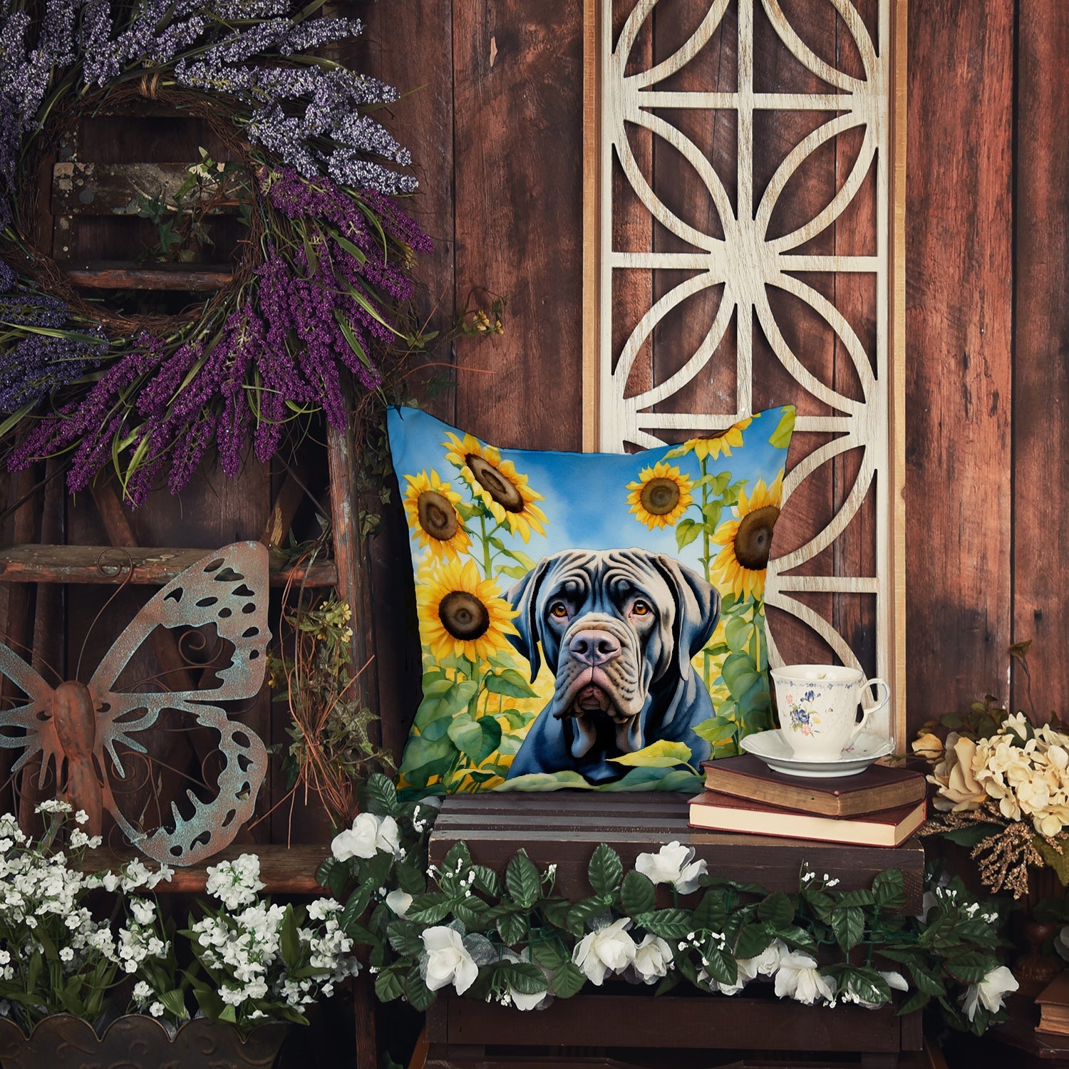 Neapolitan Mastiff in Sunflowers Decorative Throw Pillow 18x18 Indoor Outdoor Accent Cushion, Fabric Cover with Insert for Sofa, Bed, Porch & Living Room