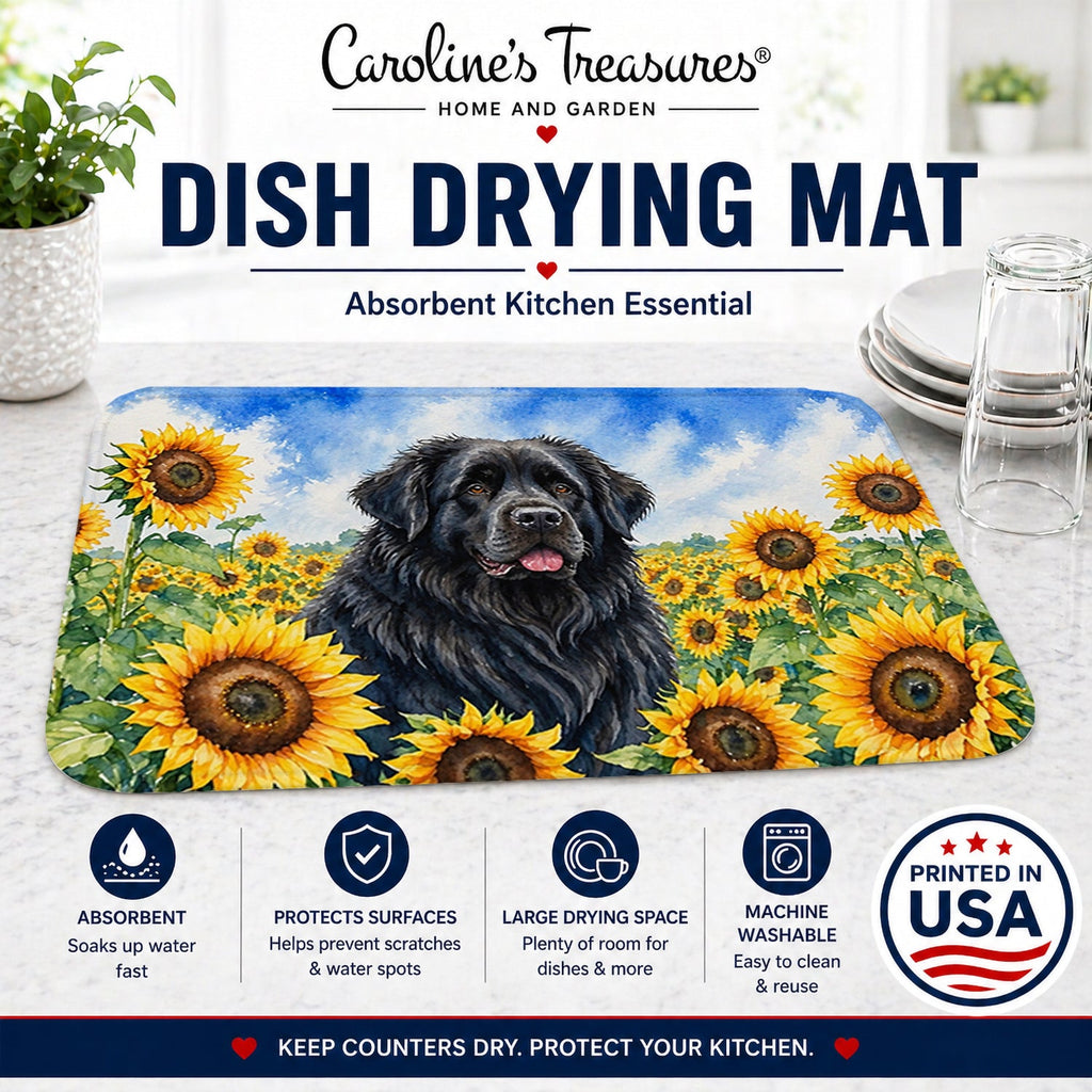 Newfoundland in Sunflowers Dish Drying Mat Absorbent Dish Drying Mat Pad for Kitchen Counter Dish Drainer Mat for Countertop, 14 x 21", Multicolor