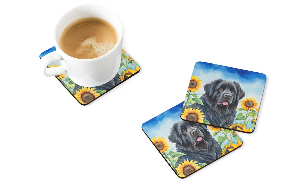 Newfoundland in Sunflowers Foam Coasters Set of 4 Cup Coasters for Indoor Outdoor, Tabletop Protection, Anti Slip, Mouse pad Material