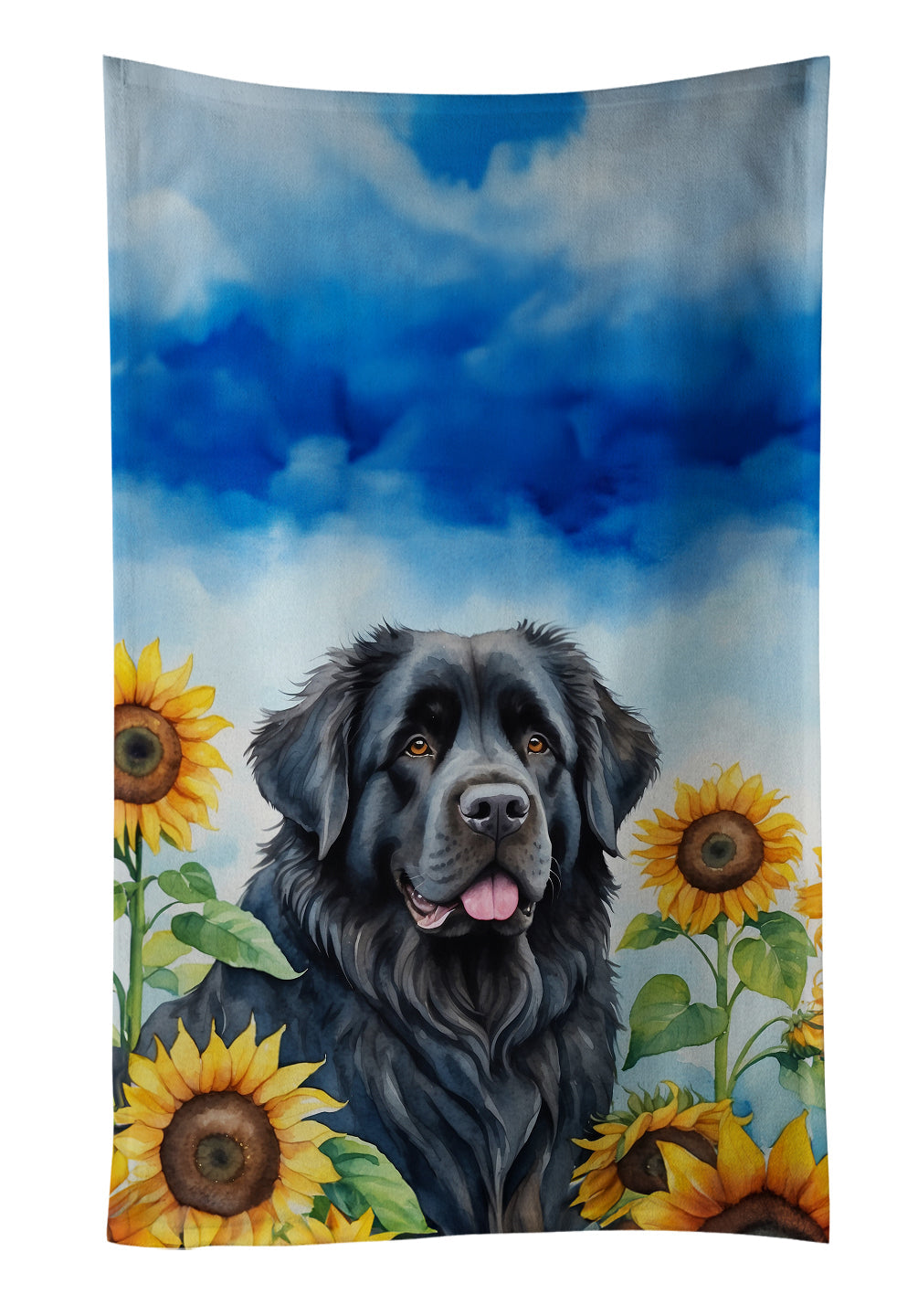 Newfoundland in Sunflowers Kitchen Towel Velour Plush Front and Cotton Loop Back Machine Washable