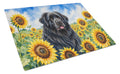 Newfoundland in Sunflowers Cutting Board Tempered Glass Kitchen Cutting Surface, Heat Resistant Chopping Board with Non-Slip Feet, Decorative Food Prep & Serving