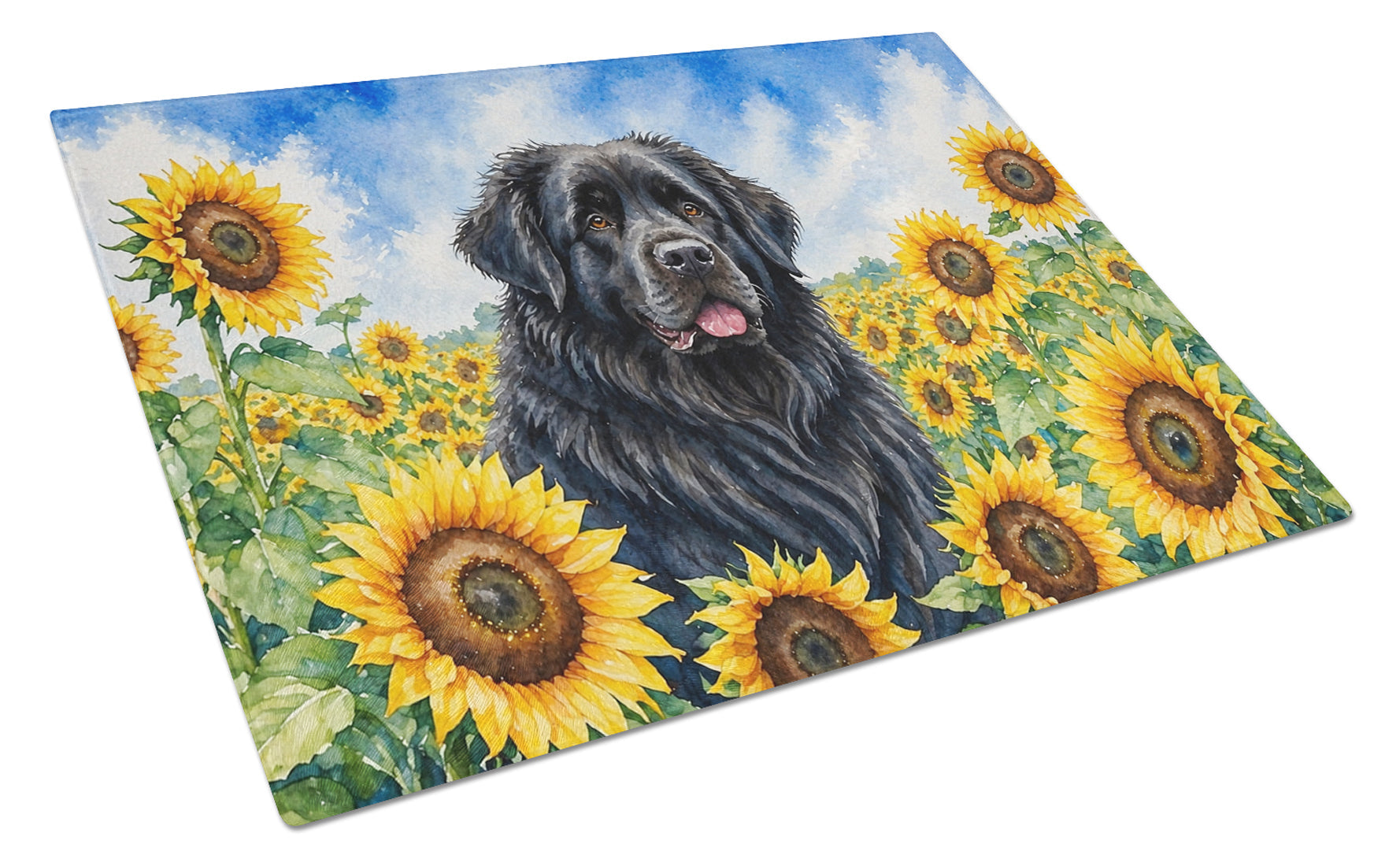 Newfoundland in Sunflowers Cutting Board Tempered Glass Kitchen Cutting Surface, Heat Resistant Chopping Board with Non-Slip Feet, Decorative Food Prep & Serving