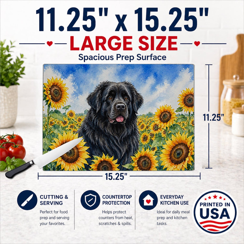 Newfoundland in Sunflowers Cutting Board Tempered Glass Kitchen Cutting Surface, Heat Resistant Chopping Board with Non-Slip Feet, Decorative Food Prep & Serving