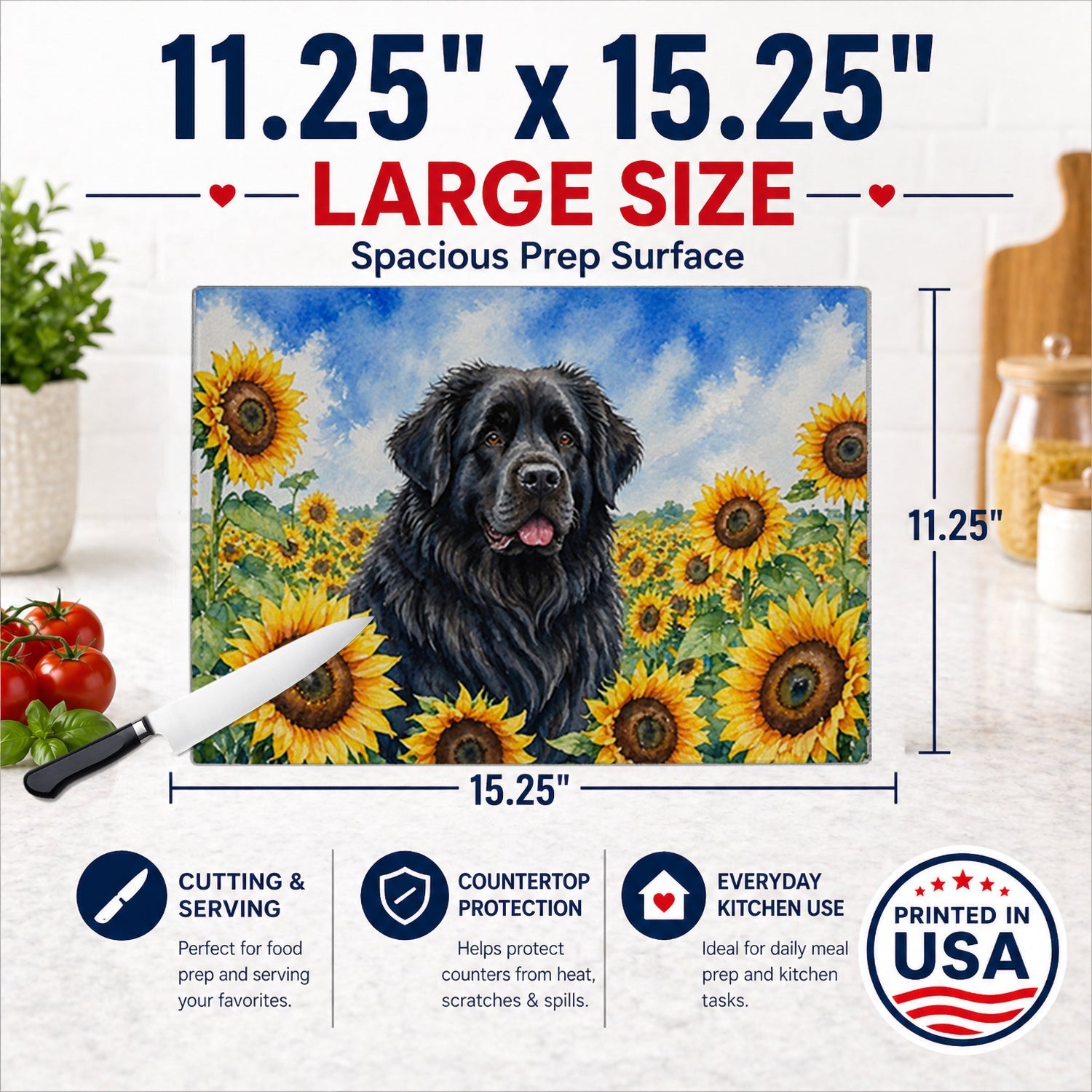 Newfoundland in Sunflowers Cutting Board Tempered Glass Kitchen Cutting Surface, Heat Resistant Chopping Board with Non-Slip Feet, Decorative Food Prep & Serving