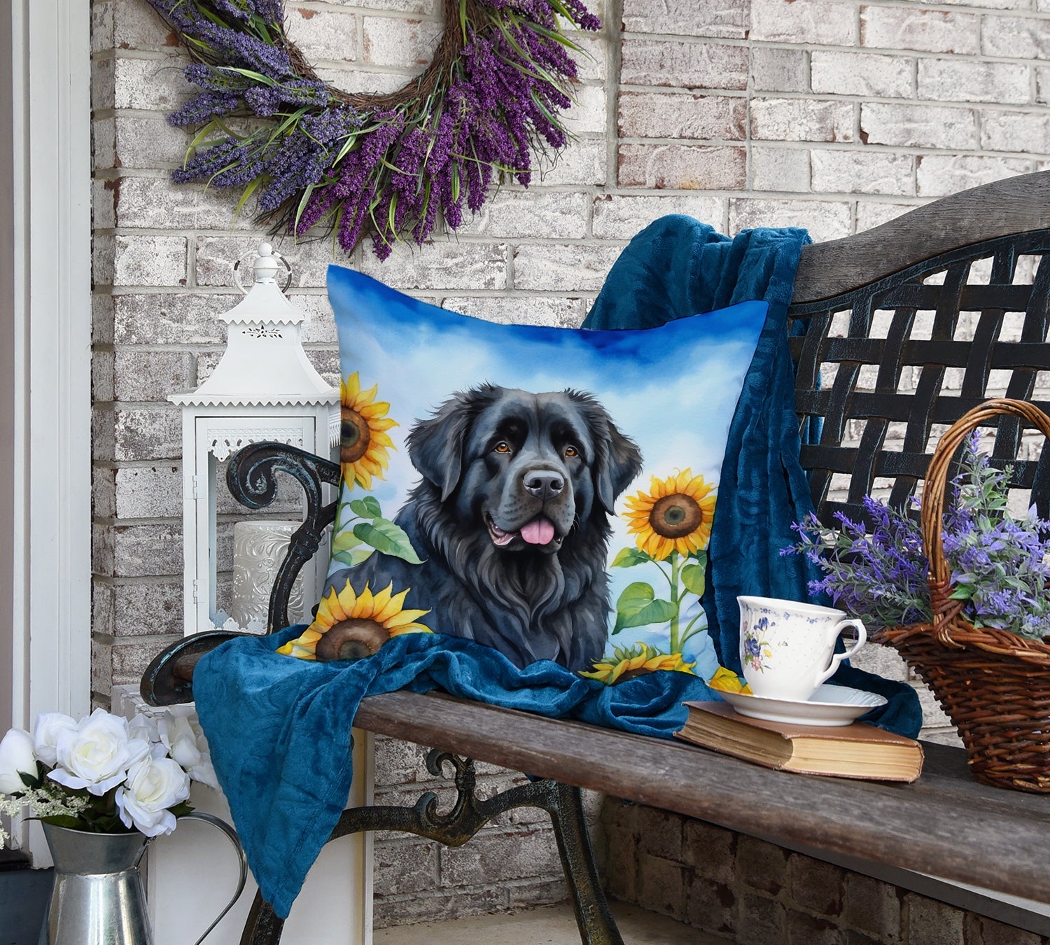 Newfoundland in Sunflowers Decorative Throw Pillow 18x18 Indoor Outdoor Accent Cushion, Fabric Cover with Insert for Sofa, Bed, Porch & Living Room