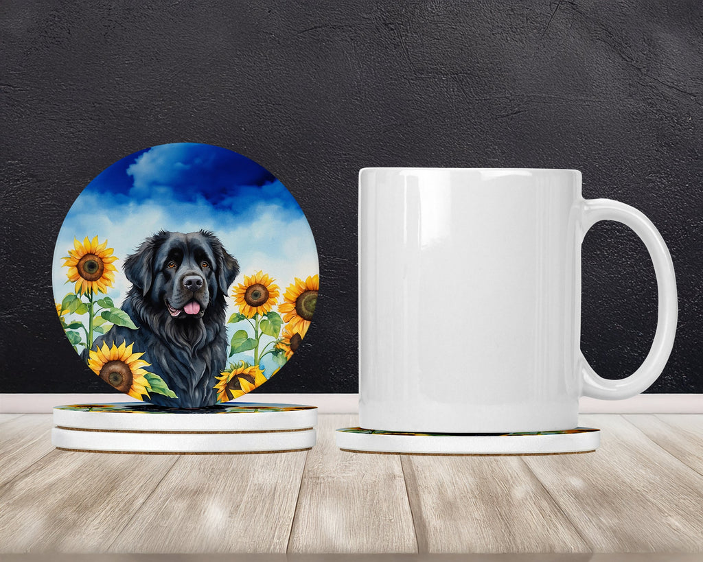 Newfoundland in Sunflowers Large Sandstone Coasters Pack of 4 Absorbent Round Coasters Decor Gifts for Men or Women, 4 in, Multicolor