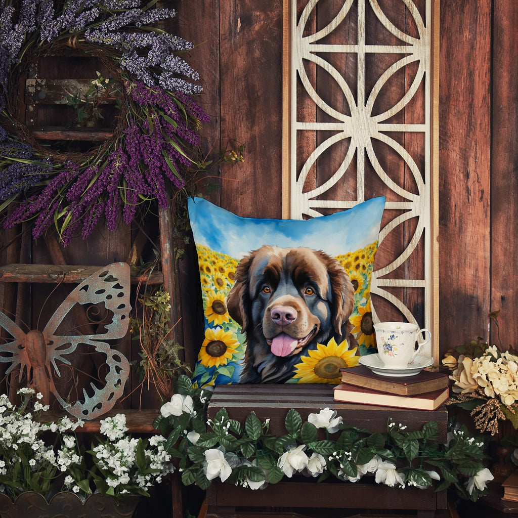 Newfoundland in Sunflowers Decorative Throw Pillow 14x14 Indoor Outdoor Accent Cushion, Fabric Cover with Insert for Sofa, Bed, Porch & Living Room