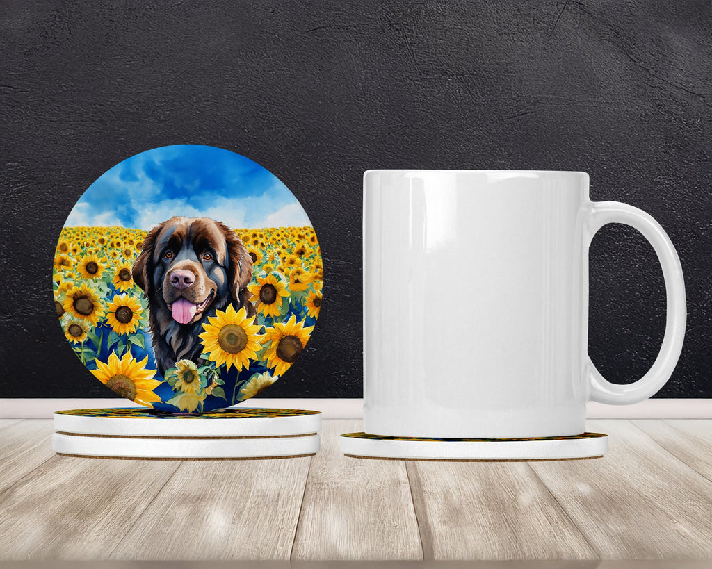 Newfoundland in Sunflowers Large Sandstone Coasters Pack of 4 Absorbent Round Coasters Decor Gifts for Men or Women, 4 in, Multicolor
