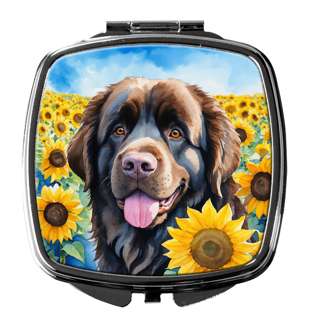 Newfoundland in Sunflowers Compact Mirror Decorative Travel Makeup Mirror for Women Girls Gifts Pocket Makeup Mirror Folding Handheld