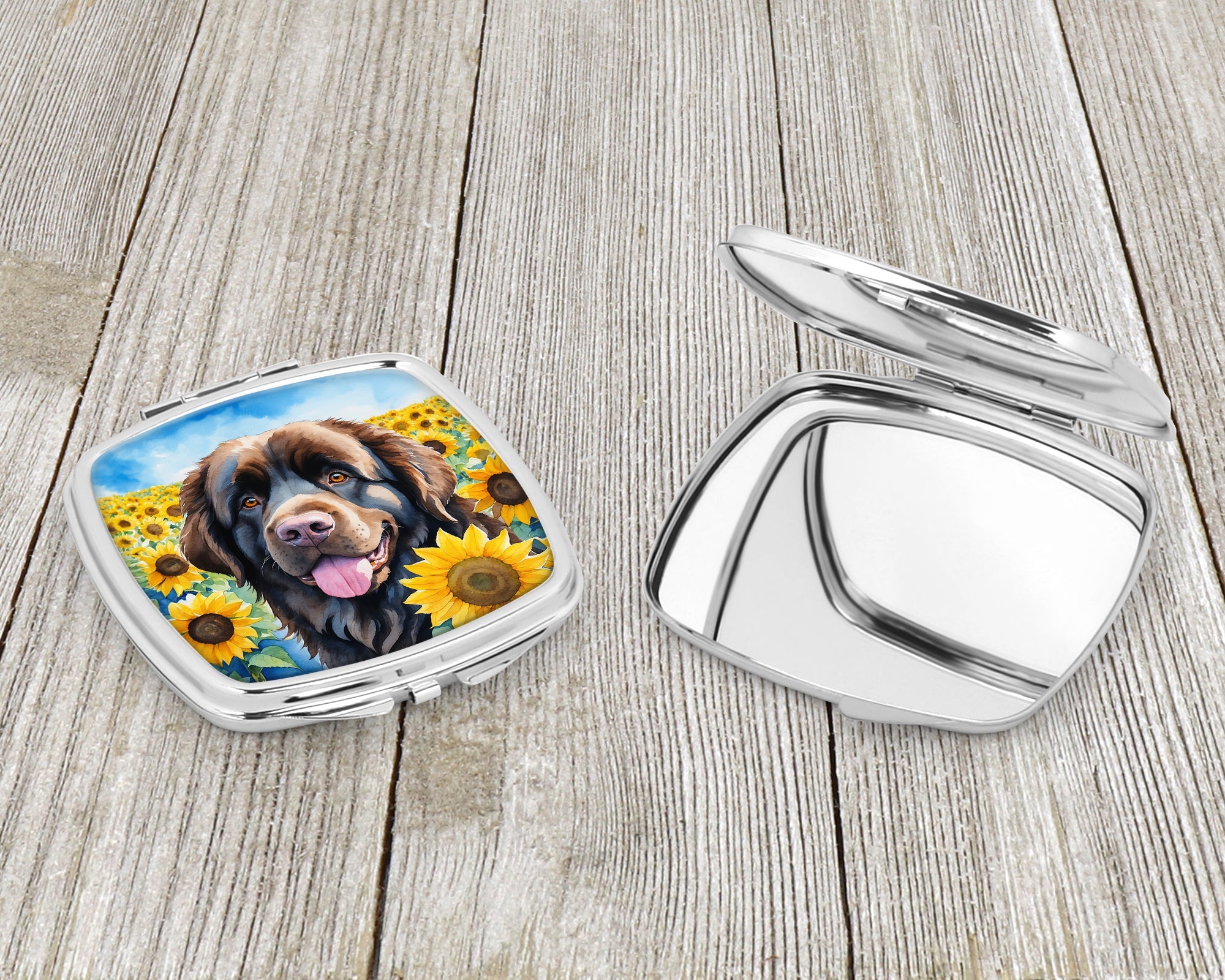 Newfoundland in Sunflowers Compact Mirror Decorative Travel Makeup Mirror for Women Girls Gifts Pocket Makeup Mirror Folding Handheld