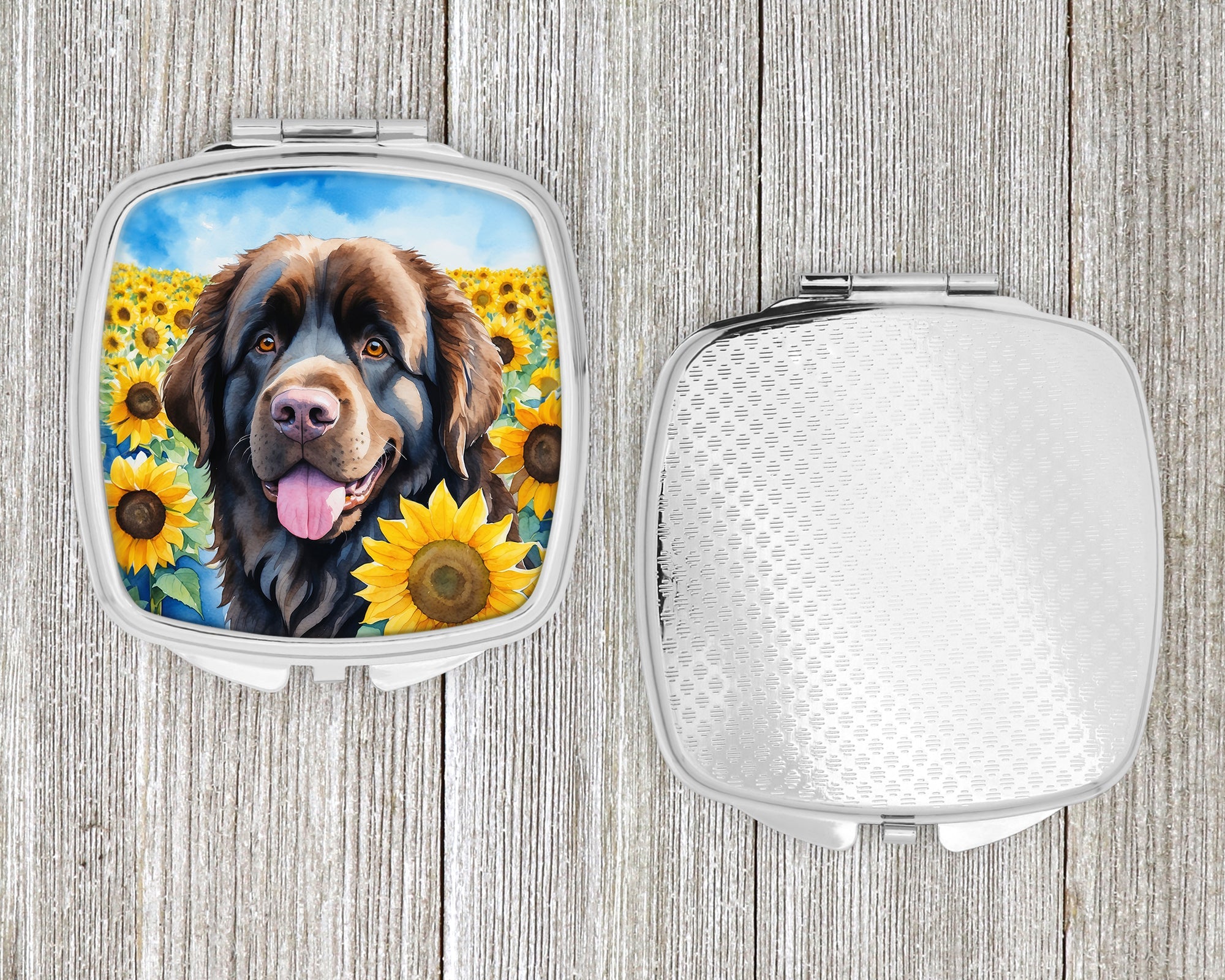 Newfoundland in Sunflowers Compact Mirror Decorative Travel Makeup Mirror for Women Girls Gifts Pocket Makeup Mirror Folding Handheld