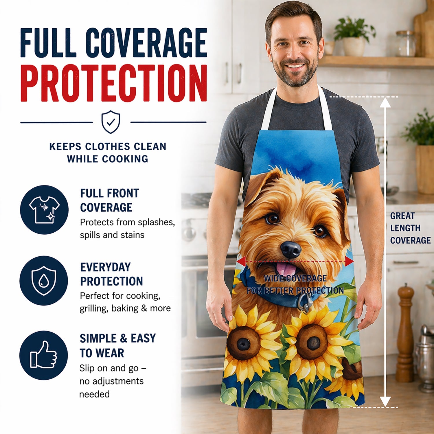 Norfolk Terrier in Sunflowers Apron Cooking Kitchen Server Baking Crafts Gardening for Adult Women Men, Unisex, Large, Multicolor