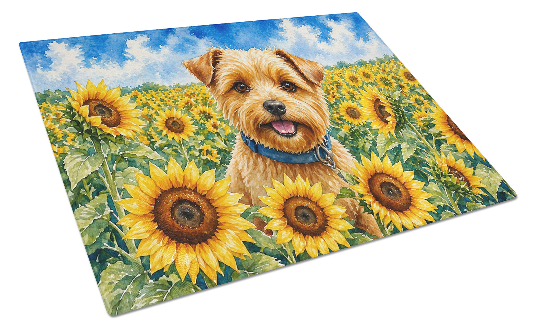 Norfolk Terrier in Sunflowers Cutting Board Tempered Glass Kitchen Cutting Surface, Heat Resistant Chopping Board with Non-Slip Feet, Decorative Food Prep & Serving
