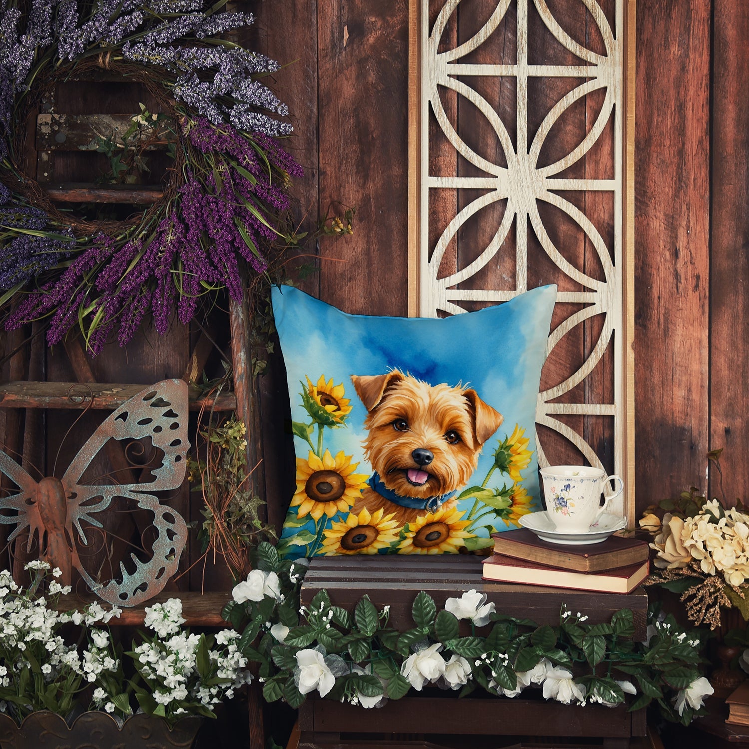 Norfolk Terrier in Sunflowers Decorative Throw Pillow 14x14 Indoor Outdoor Accent Cushion, Fabric Cover with Insert for Sofa, Bed, Porch & Living Room