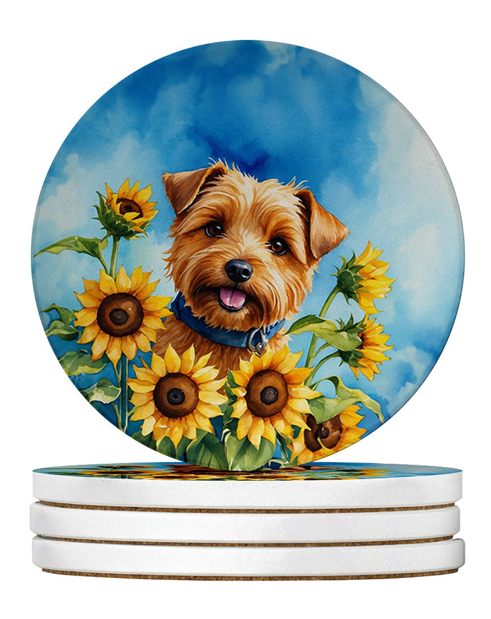 Norfolk Terrier in Sunflowers Large Sandstone Coasters Pack of 4 Absorbent Round Coasters Decor Gifts for Men or Women, 4 in, Multicolor