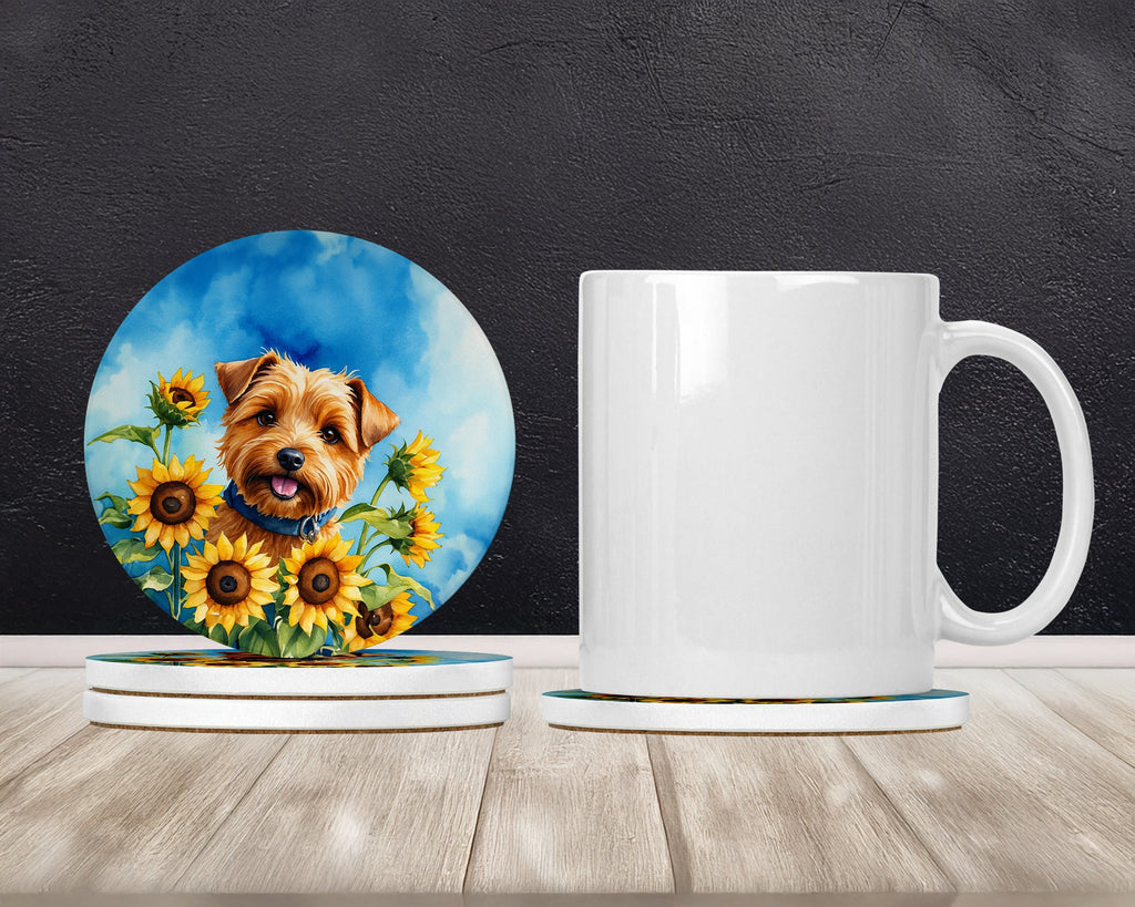 Norfolk Terrier in Sunflowers Large Sandstone Coasters Pack of 4 Absorbent Round Coasters Decor Gifts for Men or Women, 4 in, Multicolor