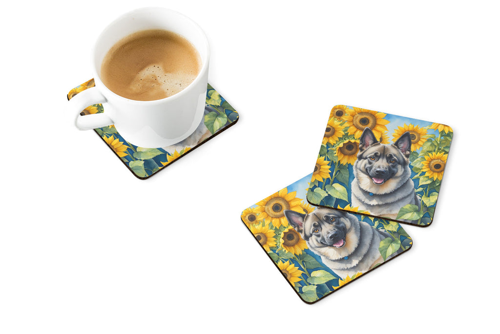 Norwegian Elkhound in Sunflowers Foam Coasters Set of 4 Cup Coasters for Indoor Outdoor, Tabletop Protection, Anti Slip, Mouse pad Material