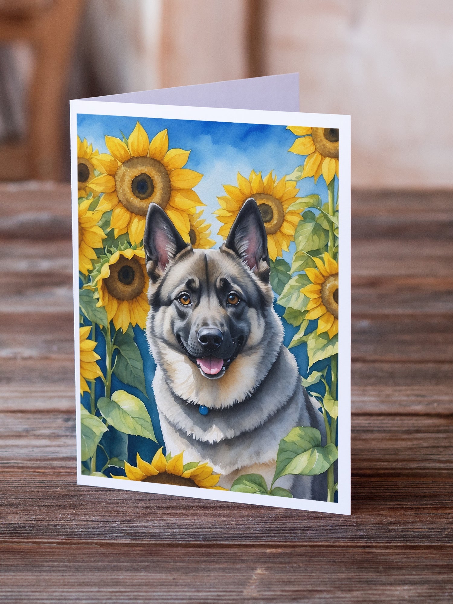 Norwegian Elkhound in Sunflowers Greeting Cards Pack of 8 Blank Cards with Envelopes Whimsical A7 Size 5x7