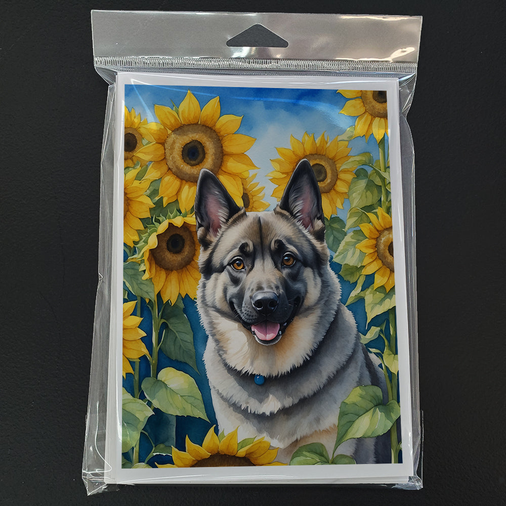 Norwegian Elkhound in Sunflowers Greeting Cards Pack of 8 Blank Cards with Envelopes Whimsical A7 Size 5x7
