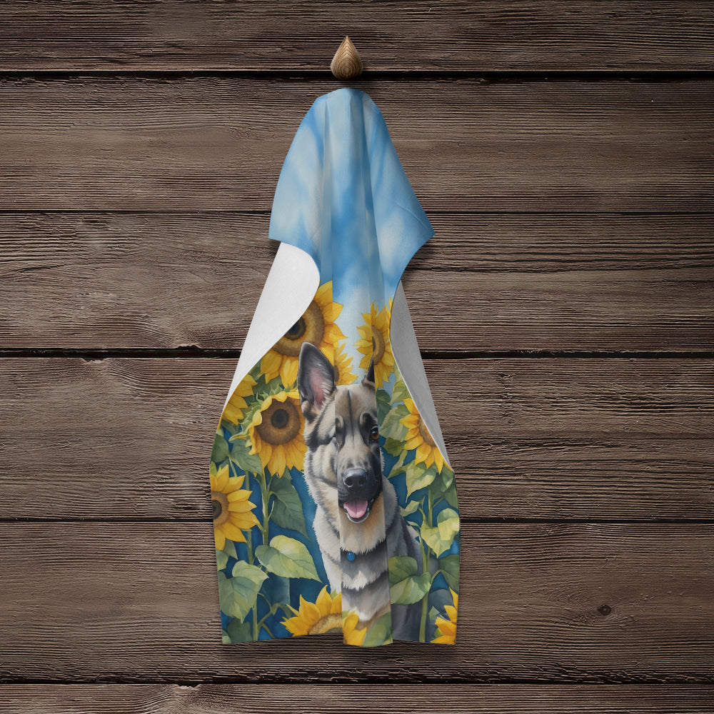 Norwegian Elkhound in Sunflowers Kitchen Towel Velour Plush Front and Cotton Loop Back Machine Washable