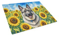 Norwegian Elkhound in Sunflowers Cutting Board Tempered Glass Kitchen Cutting Surface, Heat Resistant Chopping Board with Non-Slip Feet, Decorative Food Prep & Serving