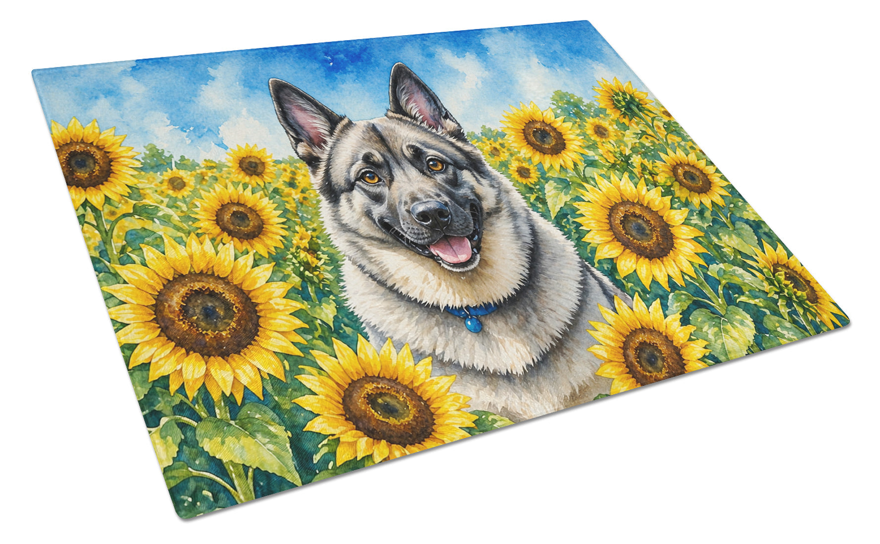 Norwegian Elkhound in Sunflowers Cutting Board Tempered Glass Kitchen Cutting Surface, Heat Resistant Chopping Board with Non-Slip Feet, Decorative Food Prep & Serving