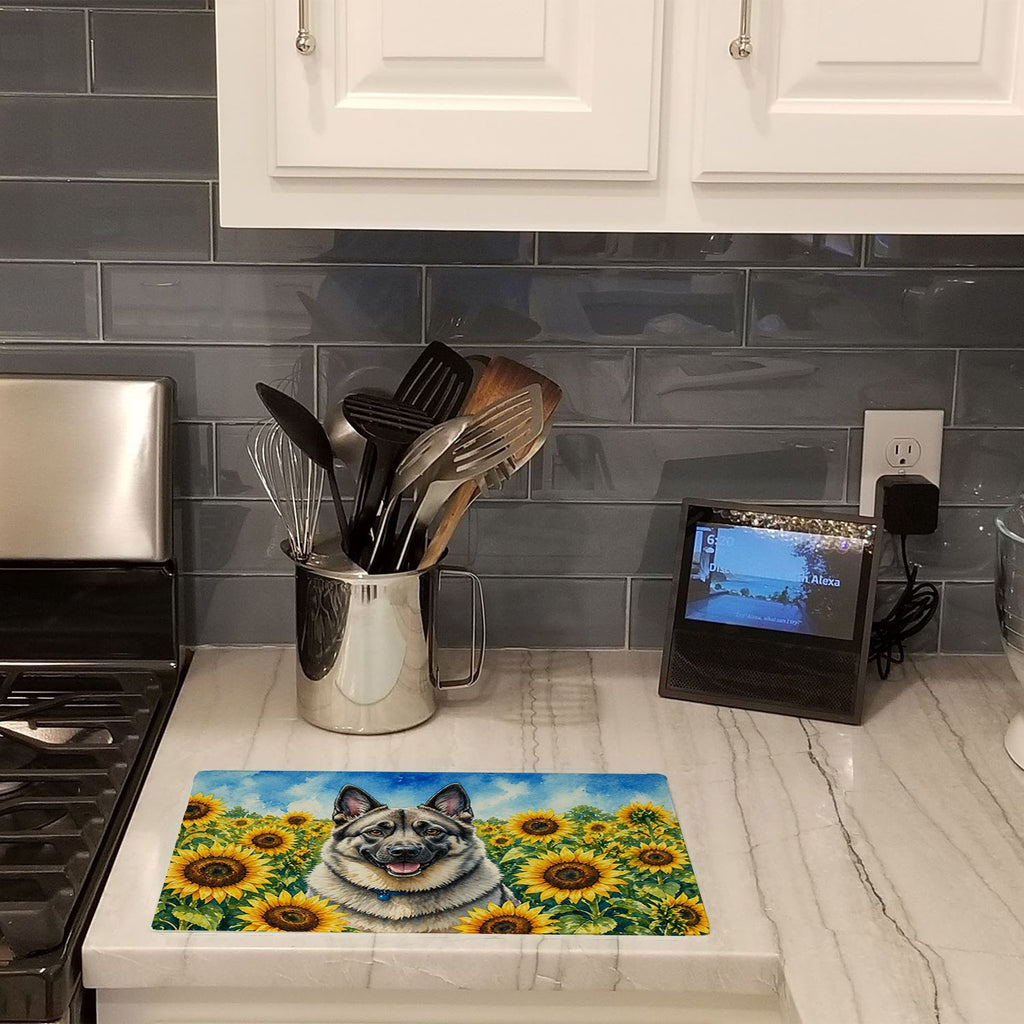 Norwegian Elkhound in Sunflowers Cutting Board Tempered Glass Kitchen Cutting Surface, Heat Resistant Chopping Board with Non-Slip Feet, Decorative Food Prep & Serving