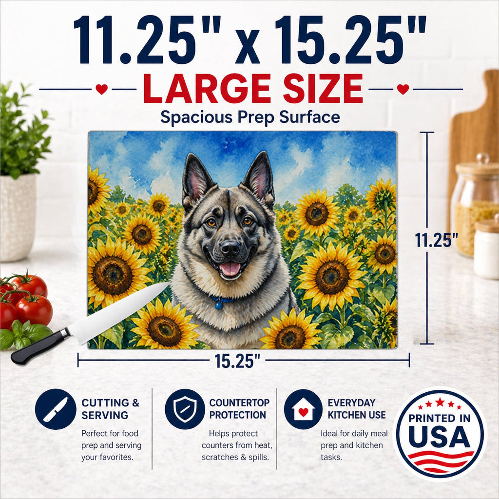 Norwegian Elkhound in Sunflowers Cutting Board Tempered Glass Kitchen Cutting Surface, Heat Resistant Chopping Board with Non-Slip Feet, Decorative Food Prep & Serving