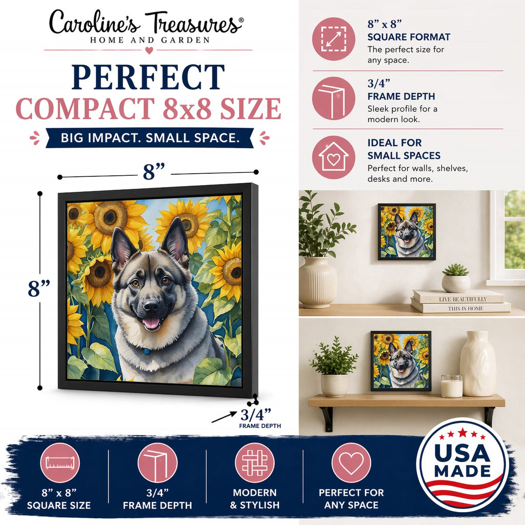 Norwegian Elkhound in Sunflowers Framed Metal Print Bathroom, Kitchen, Office, Home Decor Wall Art Ready to Hang, Square, 8X8