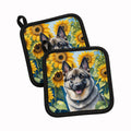 Norwegian Elkhound in Sunflowers Pot Holder Set of 2 Heat Resistant Quilted Hot Pads 7.5 x 7.5 Inch, Insulated Kitchen Trivets for Cooking & Baking