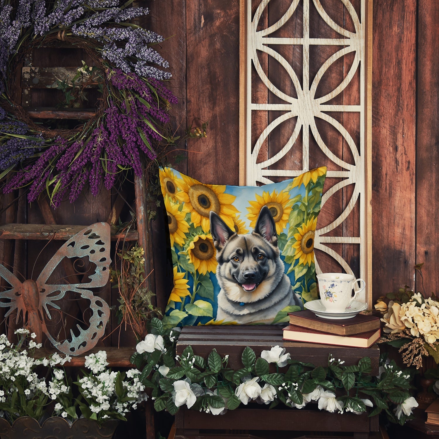 Norwegian Elkhound in Sunflowers Decorative Throw Pillow 14x14 Indoor Outdoor Accent Cushion, Fabric Cover with Insert for Sofa, Bed, Porch & Living Room