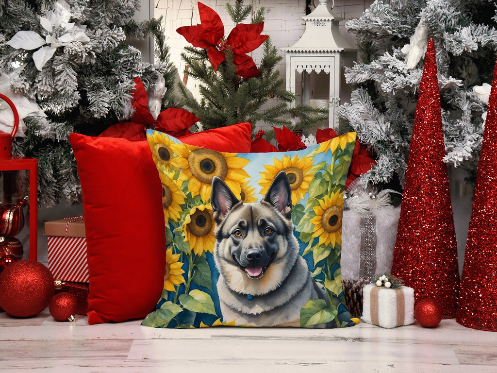 Norwegian Elkhound in Sunflowers Decorative Throw Pillow 14x14 Indoor Outdoor Accent Cushion, Fabric Cover with Insert for Sofa, Bed, Porch & Living Room