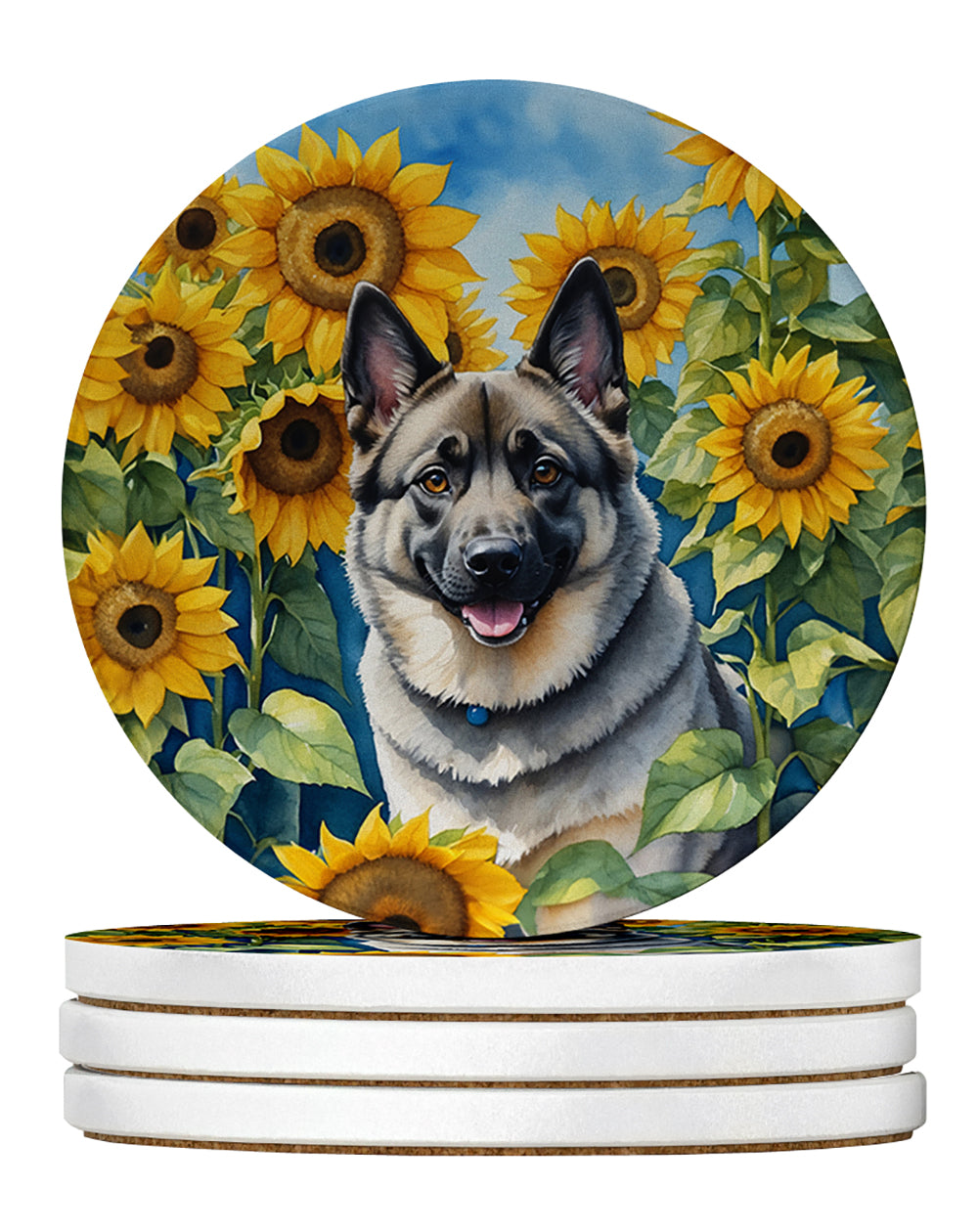 Norwegian Elkhound in Sunflowers Large Sandstone Coasters Pack of 4 Absorbent Round Coasters Decor Gifts for Men or Women, 4 in, Multicolor