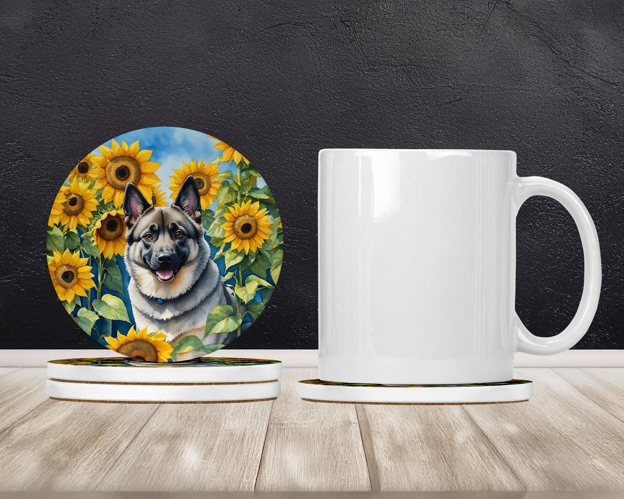 Norwegian Elkhound in Sunflowers Large Sandstone Coasters Pack of 4 Absorbent Round Coasters Decor Gifts for Men or Women, 4 in, Multicolor