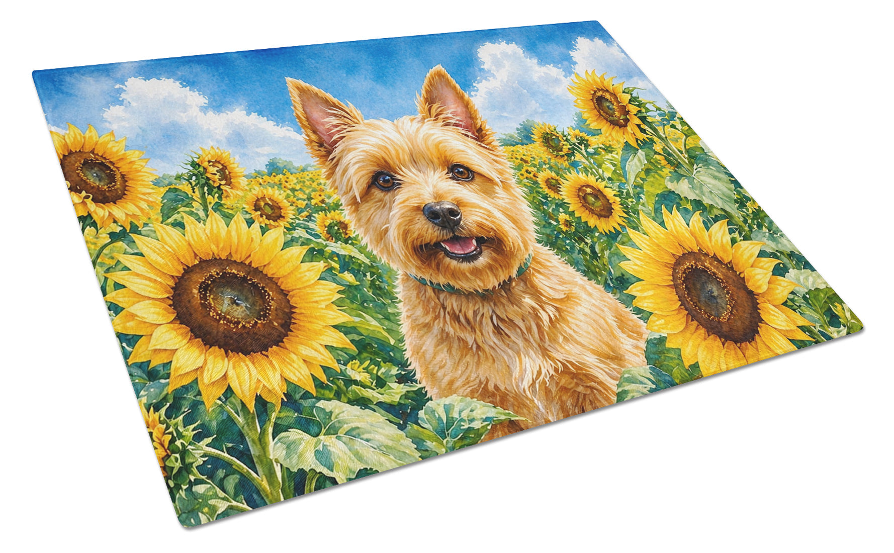 Norwich Terrier in Sunflowers Cutting Board Tempered Glass Kitchen Cutting Surface, Heat Resistant Chopping Board with Non-Slip Feet, Decorative Food Prep & Serving