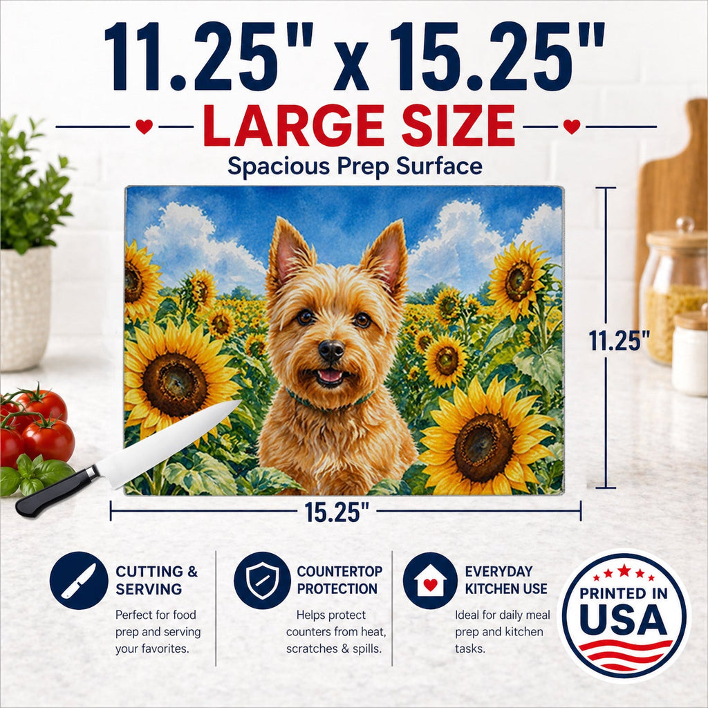 Norwich Terrier in Sunflowers Cutting Board Tempered Glass Kitchen Cutting Surface, Heat Resistant Chopping Board with Non-Slip Feet, Decorative Food Prep & Serving