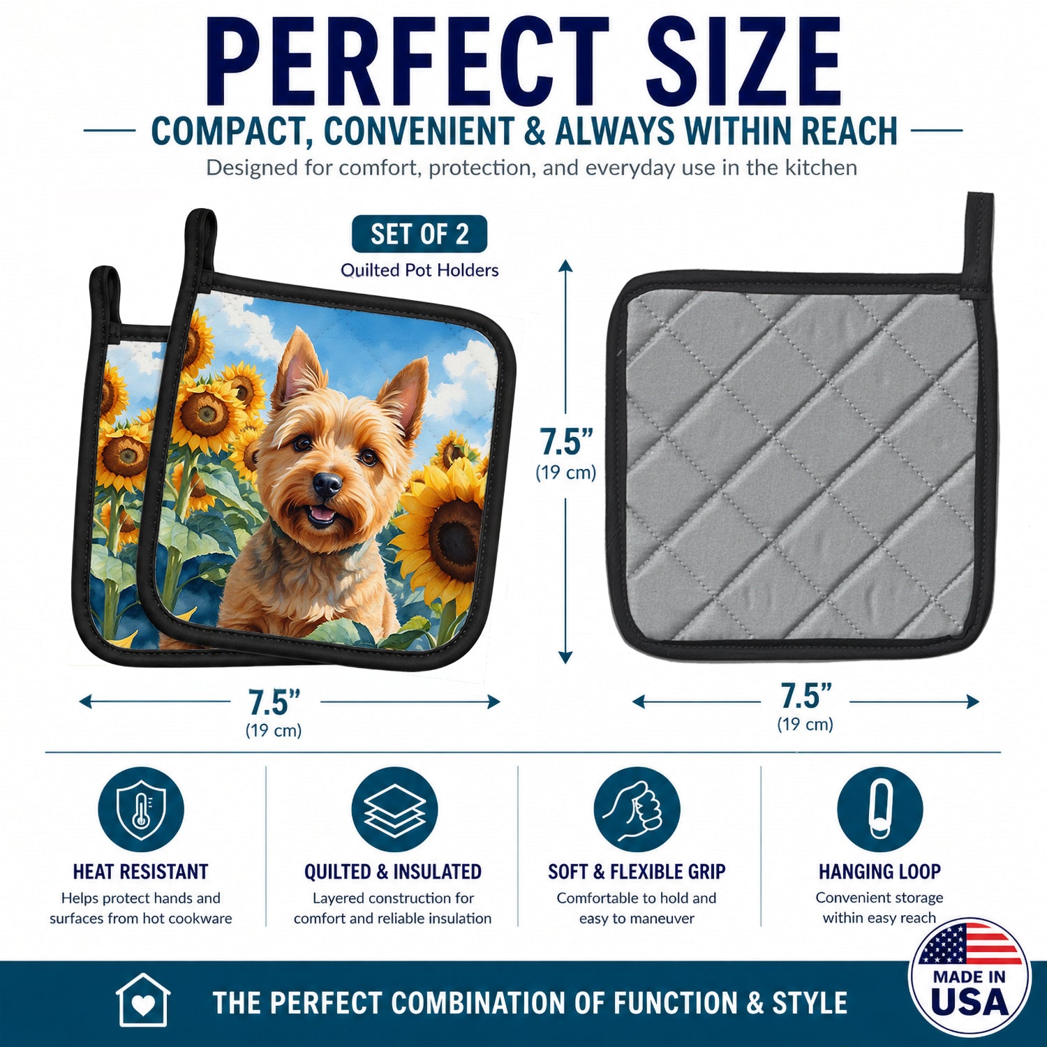 Norwich Terrier in Sunflowers Pot Holder Set of 2 Heat Resistant Quilted Hot Pads 7.5 x 7.5 Inch, Insulated Kitchen Trivets for Cooking & Baking