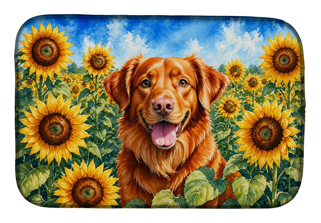 Nova Scotia Duck Toller in Sunflowers Dish Drying Mat Absorbent Dish Drying Mat Pad for Kitchen Counter Dish Drainer Mat for Countertop, 14 x 21", Multicolor