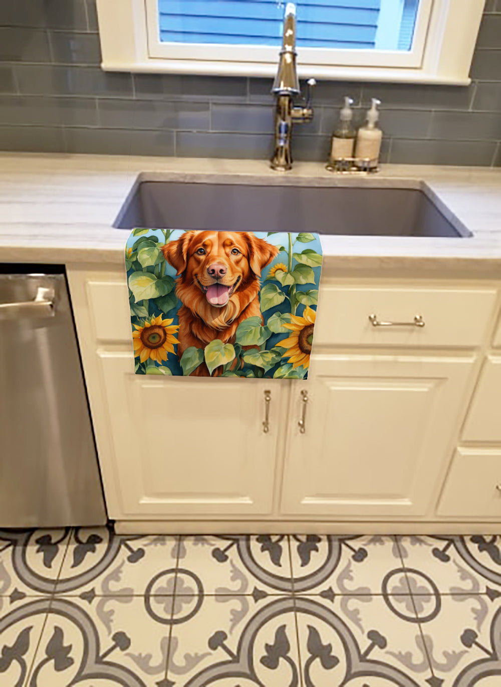 Nova Scotia Duck Toller in Sunflowers Kitchen Towel Velour Plush Front and Cotton Loop Back Machine Washable
